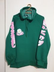 Ön Sırt ve Kol Baskılı Salaş Bol Kesim Oversize Kapüşonlu Sweatshırt Yeşil - M
