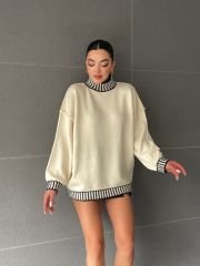 Yarım Balıkçı Yaka Çizgili Overize Salaş Kazak Bej - Standart