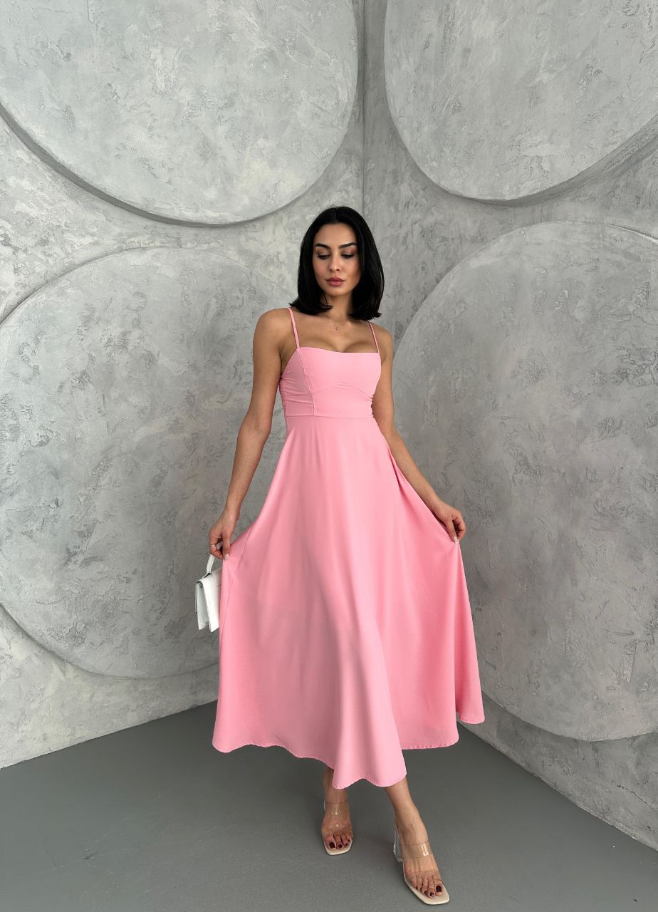 İnce Askılı Astarlı Maxi Dizaltı Elbise Pembe - M