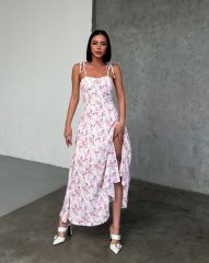 İp Askılı Gloplu Astarlı Çiçekli Maxi Elbise Pembe - S