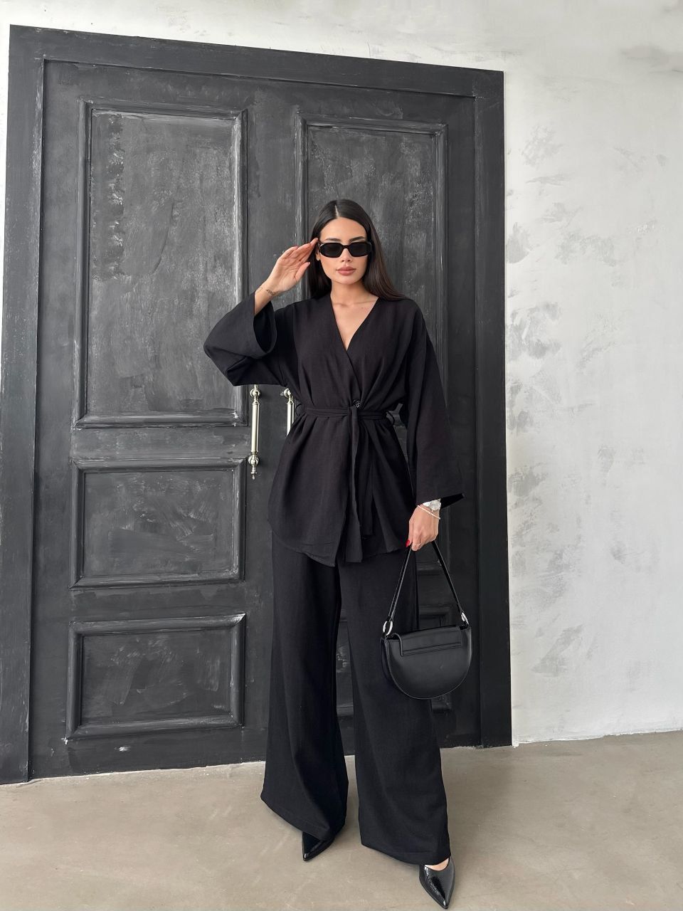 Düğmeli Kimono Geniş Paça Pantolon Salaş İkili Keten Takım Siyah - Standart