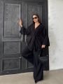 Düğmeli Kimono Geniş Paça Pantolon Salaş İkili Keten Takım Siyah - Standart