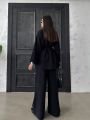 Düğmeli Kimono Geniş Paça Pantolon Salaş İkili Keten Takım Siyah - Standart