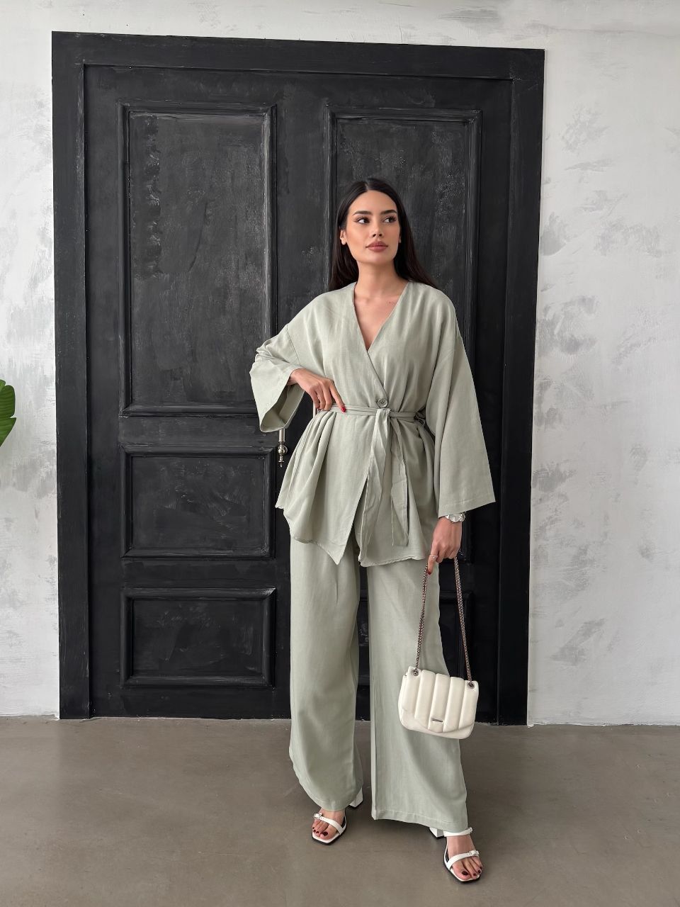 Düğmeli Kimono Geniş Paça Pantolon Salaş İkili Keten Takım Haki - Standart