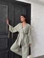 Düğmeli Kimono Geniş Paça Pantolon Salaş İkili Keten Takım Haki - Standart
