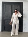 Düğmeli Kimono Geniş Paça Pantolon Salaş İkili Keten Takım Bej - Standart