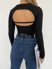 Sırtı Açık Parlak Kumaş Uzun Kol Crop Bluz Siyah - L