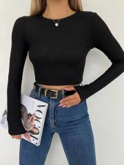 Sırtı Açık Parlak Kumaş Uzun Kol Crop Bluz Siyah - L
