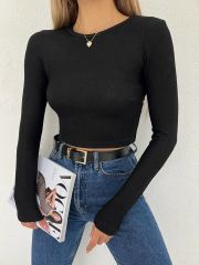 Sırtı Açık Parlak Kumaş Uzun Kol Crop Bluz Siyah - L