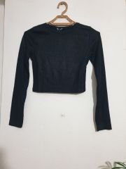 Sırtı Açık Parlak Kumaş Uzun Kol Crop Bluz Siyah - L