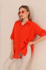 Oversize Bol Kesim Uzun Keten Gömlek Turuncu - M-L