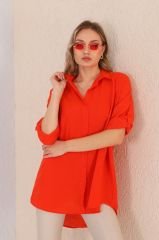 Oversize Bol Kesim Uzun Keten Gömlek Turuncu - M-L