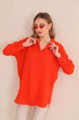 Oversize Bol Kesim Uzun Keten Gömlek Turuncu - M-L