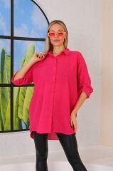 Oversize Bol Kesim Uzun Keten Gömlek Fuşya - M-L