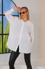 Oversize Bol Kesim Uzun Keten Gömlek Beyaz - M-L