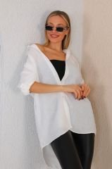 Oversize Bol Kesim Uzun Keten Gömlek Beyaz - M-L