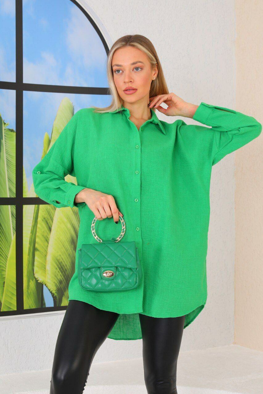 Oversize Bol Kesim Uzun Keten Gömlek Yeşil - M-L