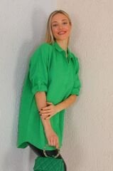 Oversize Bol Kesim Uzun Keten Gömlek Yeşil - M-L