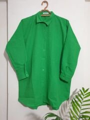 Oversize Bol Kesim Uzun Keten Gömlek Yeşil - M-L