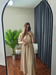 Kruvaze Yaka Kısa Kol Beli Lastikli Rahat Kesim Elbise Bej - L