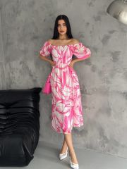 Madonna Kare Yaka Kısa Kol Astarlı Şifon Dizaltı Elbise Pembe - L