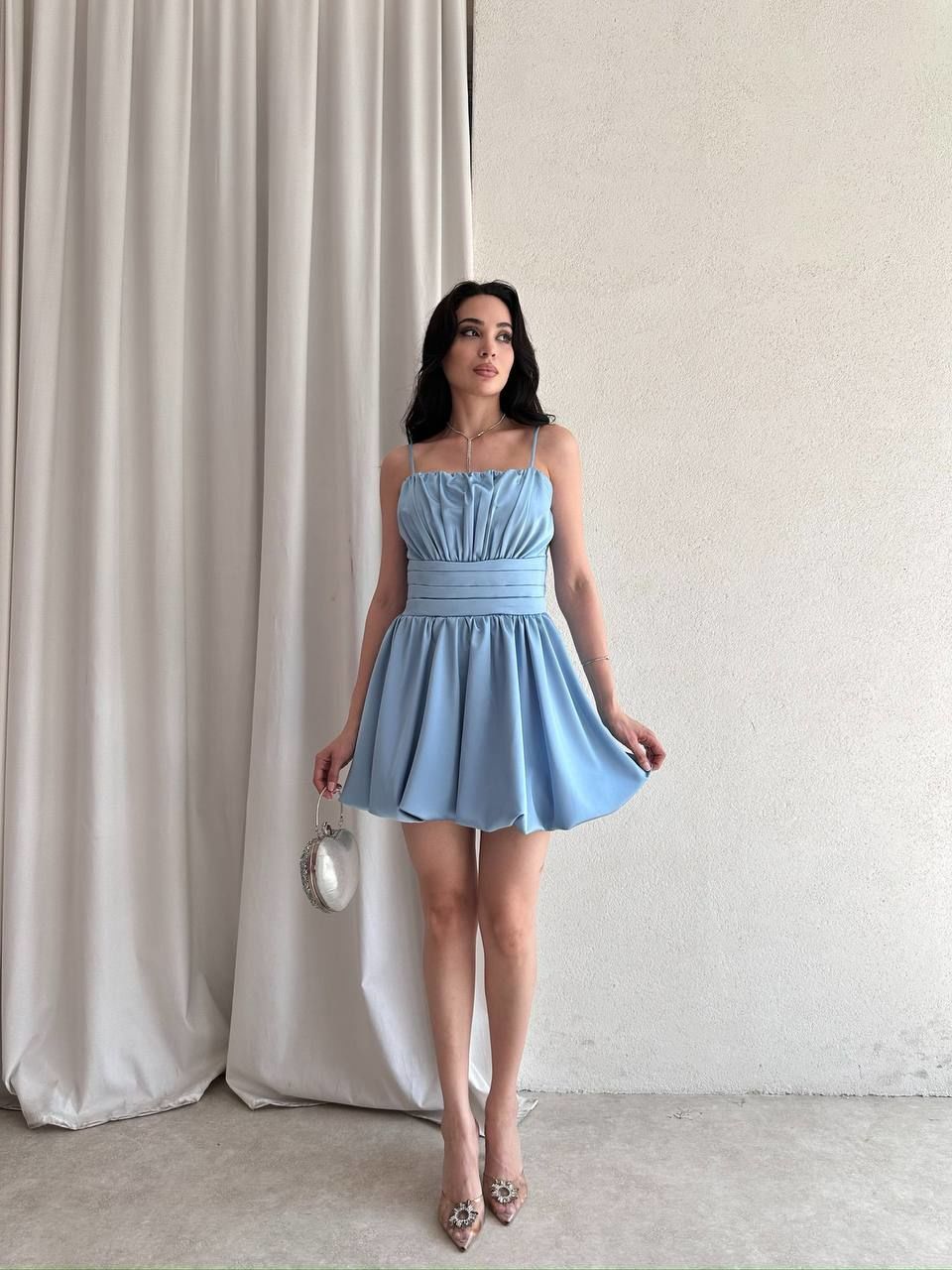 İnce Askılı Mini Balon Elbise Mavi - L