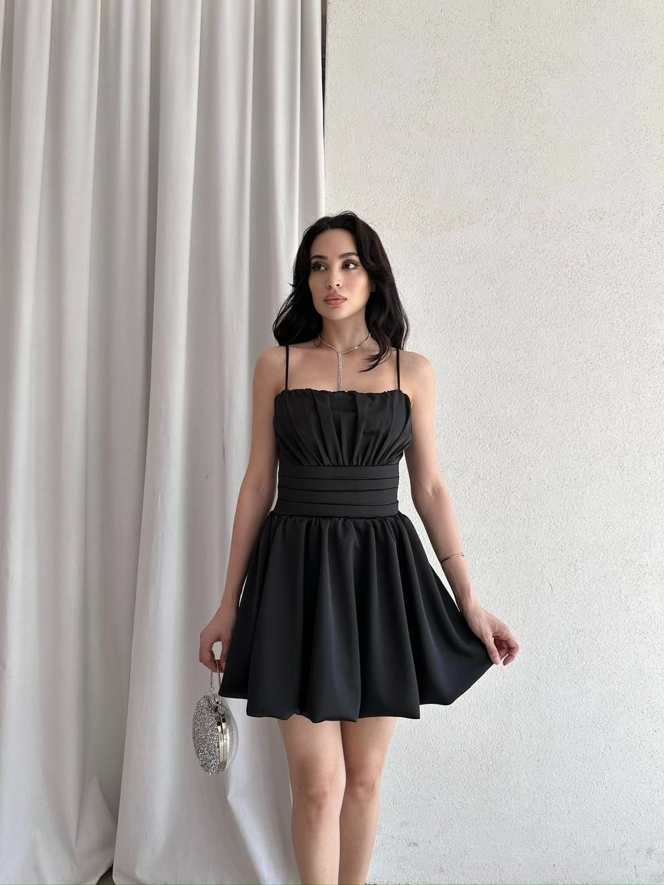 İnce Askılı Mini Balon Elbise Siyah - L