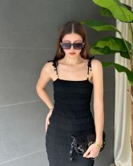 İp Askılı Boncuklu Kendinen Desenli Örme Triko Midiboy Dizaltı Elbise Siyah - S-M