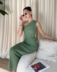 Tek Omuz Kendinden Desenli Örme Triko Maxi Elbise Su Yeşili - S-M
