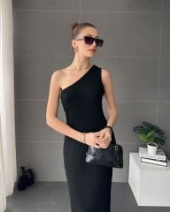 Tek Omuz Kendinden Desenli Örme Triko Maxi Elbise Siyah - S-M