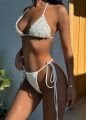 Yandan Bağlamalı İncili Üçgen Yüksek Bel Bikini Takım Beyaz - M