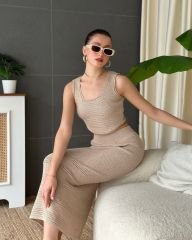 Kalın Askılı Crop Uzun Midiboy Etek İkili Triko Takım Bej - S-M