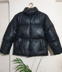 Oversize Salaş Deri Şişme Mont Siyah Siyah - L