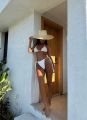 Yandan Bağlamalı İncili Üçgen Yüksek Bel Bikini Takım Beyaz - L