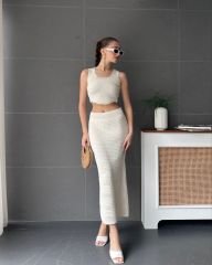 Kalın Askılı Crop Uzun Midiboy Etek İkili Triko Takım Beyaz - S-M