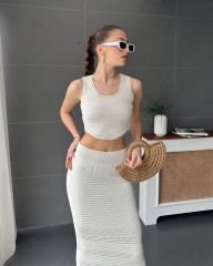 Kalın Askılı Crop Uzun Midiboy Etek İkili Triko Takım Beyaz - S-M