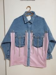Oversize Salaş Kuş Gözü Zincirli Renkli Jean Ceket Pembe - L