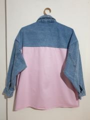 Oversize Salaş Kuş Gözü Zincirli Renkli Jean Ceket Pembe - L