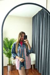 Oversize Salaş Kuş Gözü Zincirli Renkli Jean Ceket Pembe - L