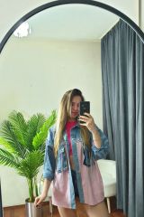 Oversize Salaş Kuş Gözü Zincirli Renkli Jean Ceket Pembe - L