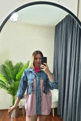 Oversize Salaş Kuş Gözü Zincirli Renkli Jean Ceket Pembe - L