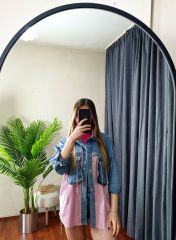 Oversize Salaş Kuş Gözü Zincirli Renkli Jean Ceket Pembe - L