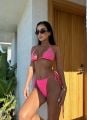 Yandan Bağlamalı İncili Üçgen Yüksek Bel Bikini Takım Fuşya - L