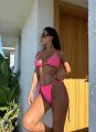 Yandan Bağlamalı İncili Üçgen Yüksek Bel Bikini Takım Fuşya - L