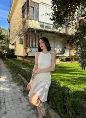 Ajurlu Kendinden Desenli Astarlı Örme Mini Elbise Bej - S-M