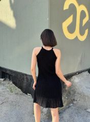 Ajurlu Kendinden Desenli Astarlı Örme Mini Elbise Siyah - S-M