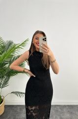 Yandan Yırtmaçlı Astarlı Dantel Örme Dizaltı Elbise Siyah - S-M