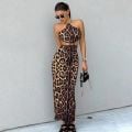 Ön ve Arka Tokalı Boneli Leopar Elbise Leopar - L