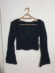 Önü Korse Bağcıklı Crop Bluz Uzun Etek Ajurlu Örme İkili Takım Siyah - S-M