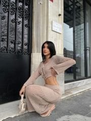 Önü Korse Bağcıklı Crop Bluz Uzun Etek Ajurlu Örme İkili Takım Vizon - S-M